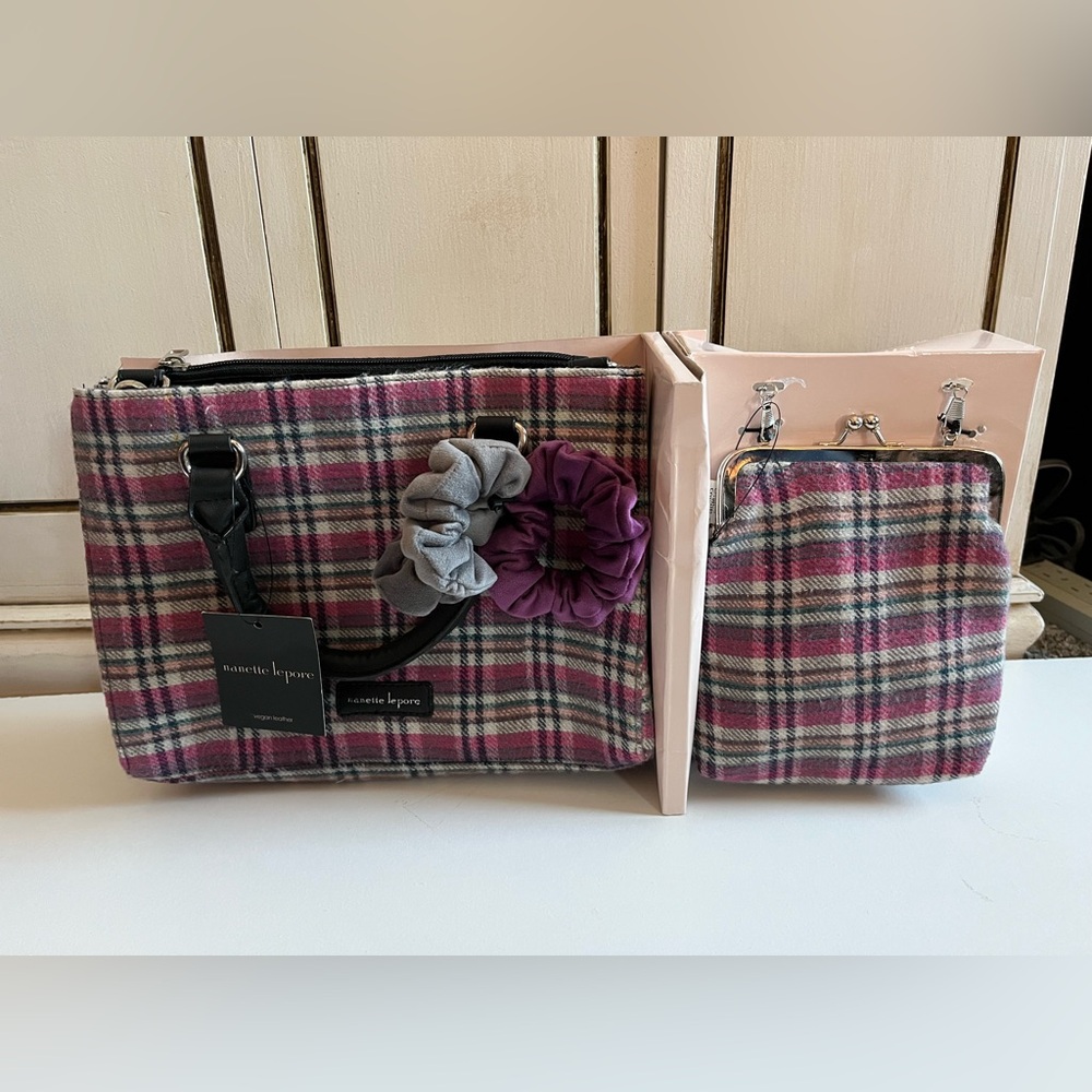 NWT Nanette LePore Plaid Satchel Handbag & Crossbody Purse w/ chain strap preppy